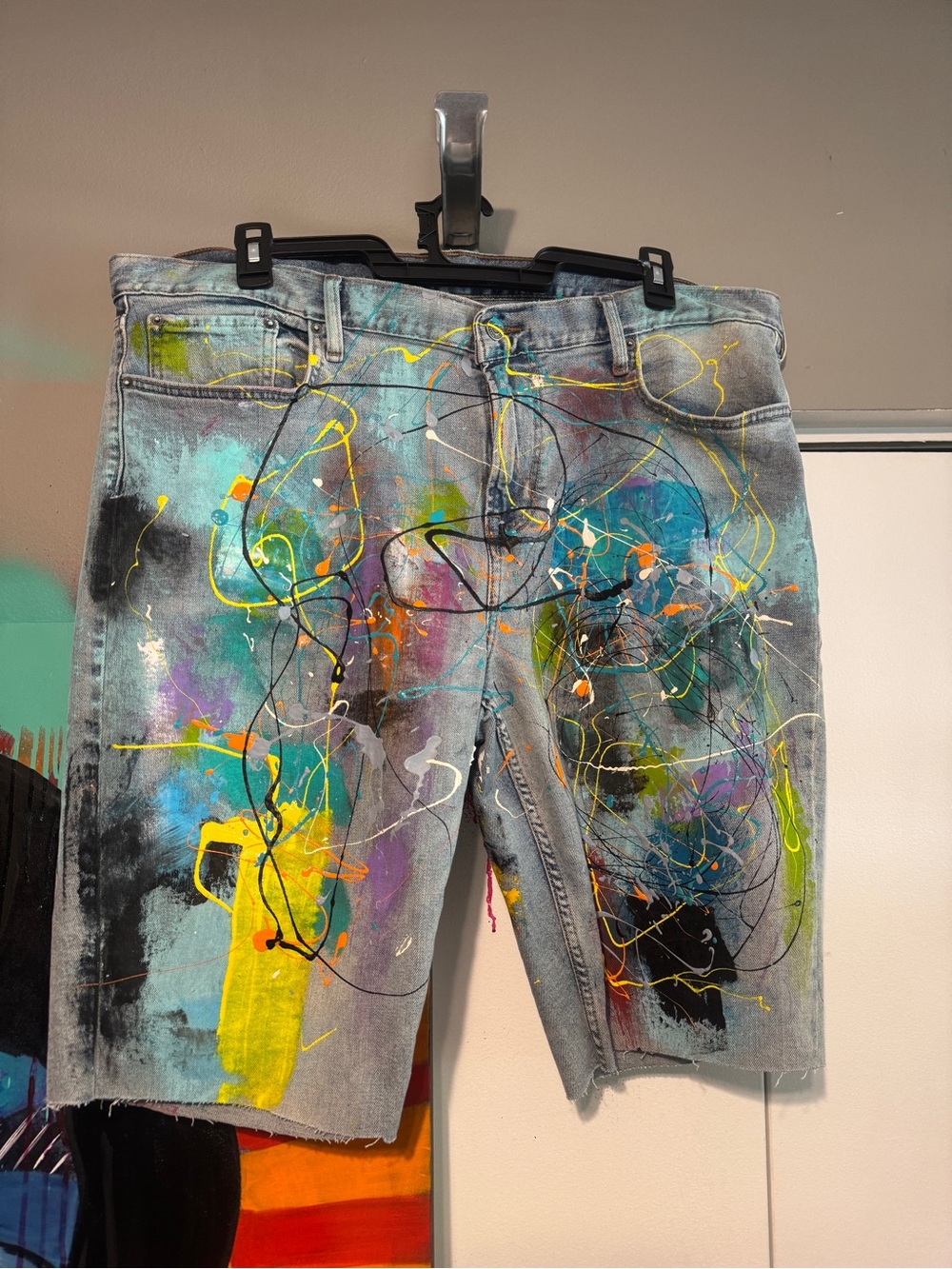 Old Navy Hand Painted Denim Jorts Splatter Vibrant Abstract Shorts 40 x 12 - Picture 11 of 12